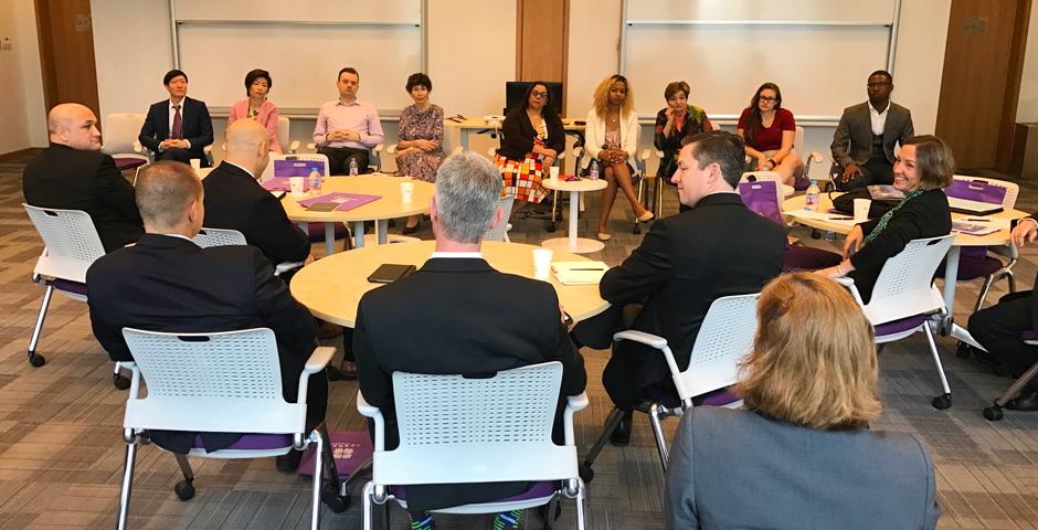 On April 28th, 16 scholars from National Defense University visited NYU Shanghai campus for a roundtable panel with NYU Shanghai leadership members Provost Joanna Waley-Cohen, Dean of Arts and Sciences Maria Montoya, Dean of Student Life Charlene Visconti, as well as History and Business faculty members and graduate representatives. (Photo by: NYU Shanghai)