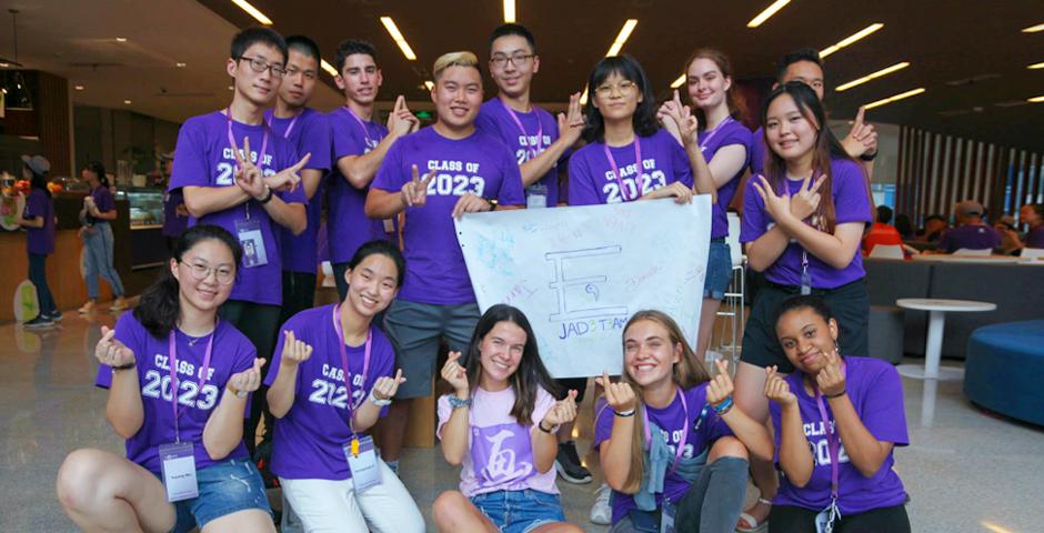 Orientation Ambassador Stephanie Scaglia ’22 poses with her group of first years, who named themselves the “Jad3 T3am.” For new students, many of whom chose NYU Shanghai because of its multicultural community, the best part of orientation was getting to know their peers. “I’ve been surprised by how open everyone is,” said Aadi Rajkumar ’23 from Guam. “When you’re meeting so many new people, it can be easy to be closed off, but everybody has been so real. It’s really allowed me to be myself. That’s part of why NYU Shanghai is my dream school.”