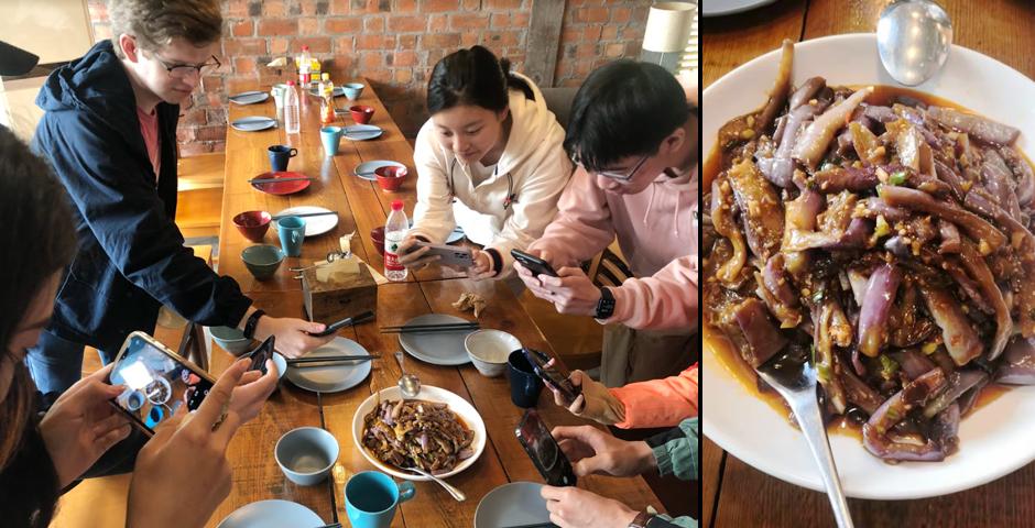 Organizers made sure that the group’s meals incorporated some of the dishes described in Shark’s Fin and Sichuan Pepper, the book assigned by the NYU Shanghai Reads Program to all incoming first year students. Above, students took pictures of a signature Sichuan dish, fish-fragrant eggplants. “The hostel landlady used Dunlop’s recipe. It was too delicious and disappeared immediately when it was served,” said Kansas City, Missouri native and Chinese food enthusiast Anita Aravena ’25.