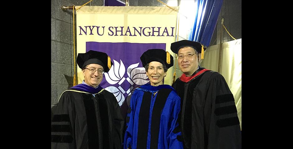 Also attending the ceremony from NYU Shanghai were (left to right) Vice-Chancellor Jeffrey Lehman, Provost Joanna Waley Cohen and Chancellor Yu Lizhong