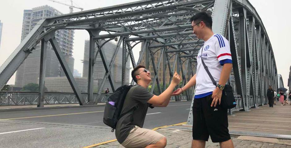 Students used their imagination to recreate different romantic scenes at the famous landmark, that has featured in many Shanghai movies (Photo by: NYU Shanghai)