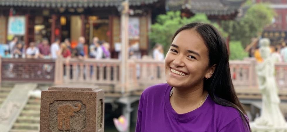 Ariana Wearing NYU Shanghai T-shirt in Yuyuan Gardens