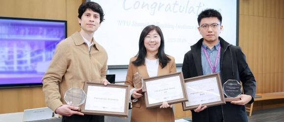 NYU Shanghai celebrated the recipients of the 2024-2025 Teaching Excellence Award (TEA) on May 9, honoring three outstanding faculty members — Assistant Professor of Finance Christina Wang, Assistant Professor of Practice in Finance Jingyuan Mo, and Clinical Assistant Professor of Writing Program Fernando Romero — for their innovative, impactful, and student-centered teaching.