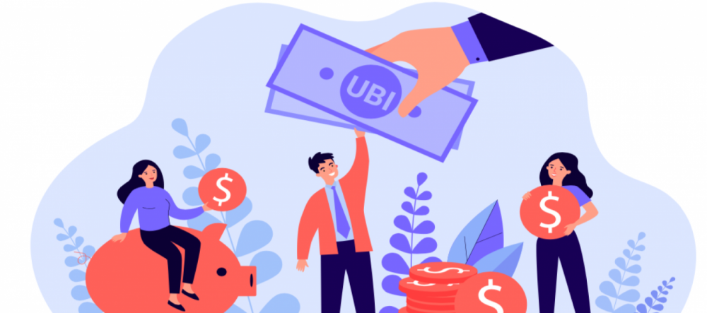 cartoon graphic of people reaching up to receive a dollar bill with "UBI" printed on it. 