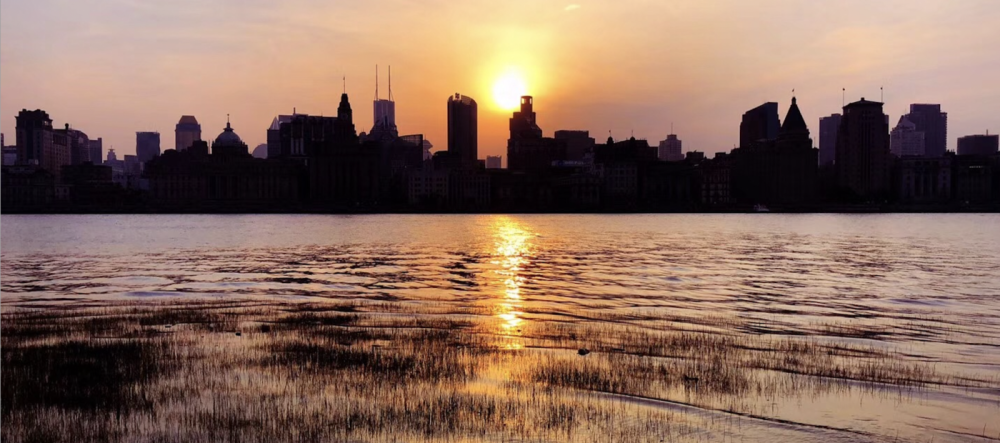 City horizon silhouetted by setting sun