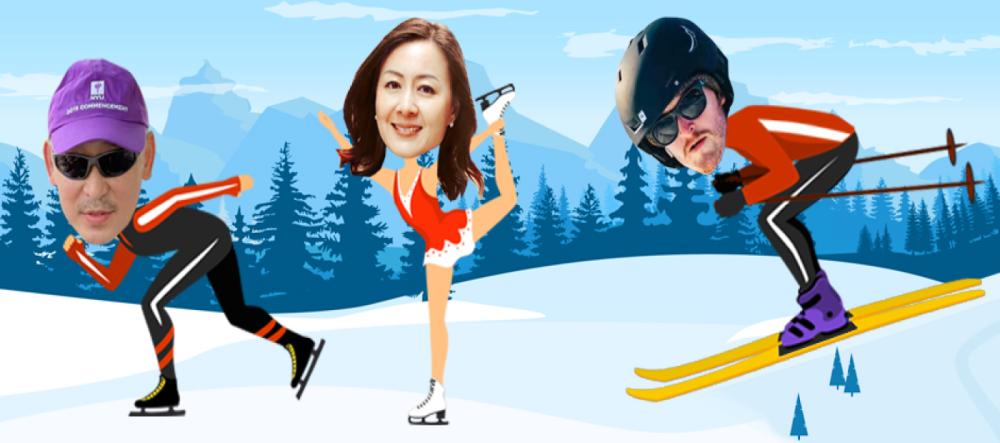 A cartoon collage of three winter sport athletes 