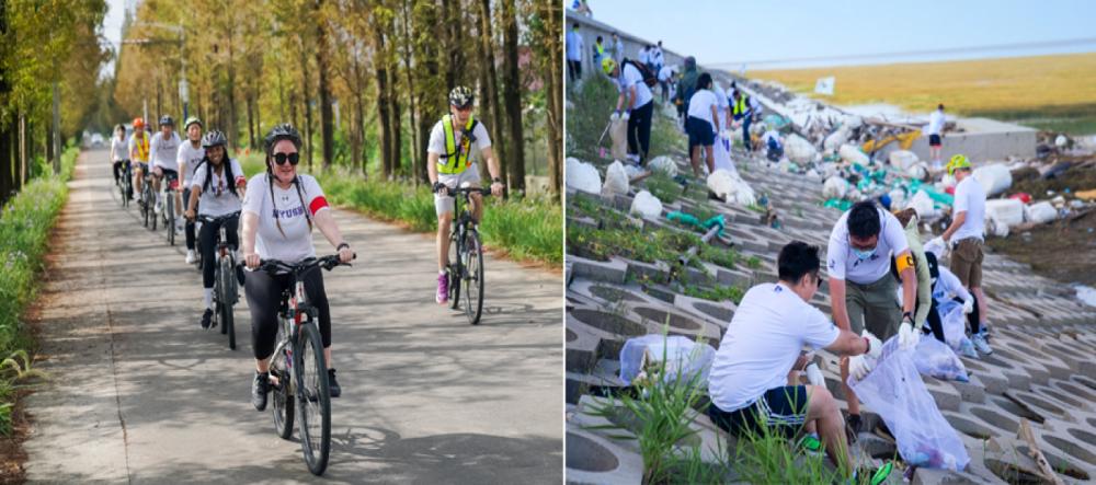 Biking in formation, cleaning up seawall at edge of marsh 