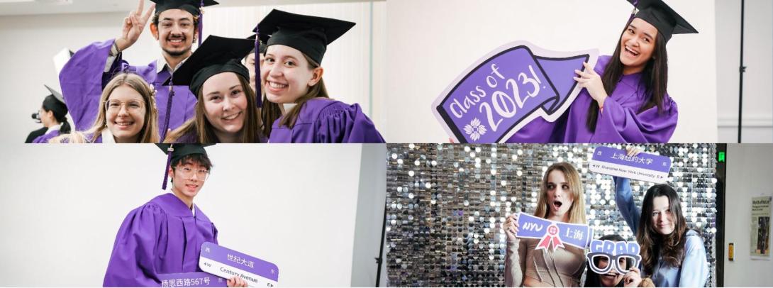 a collage of smiling students in their purple NYU Shanghai gear