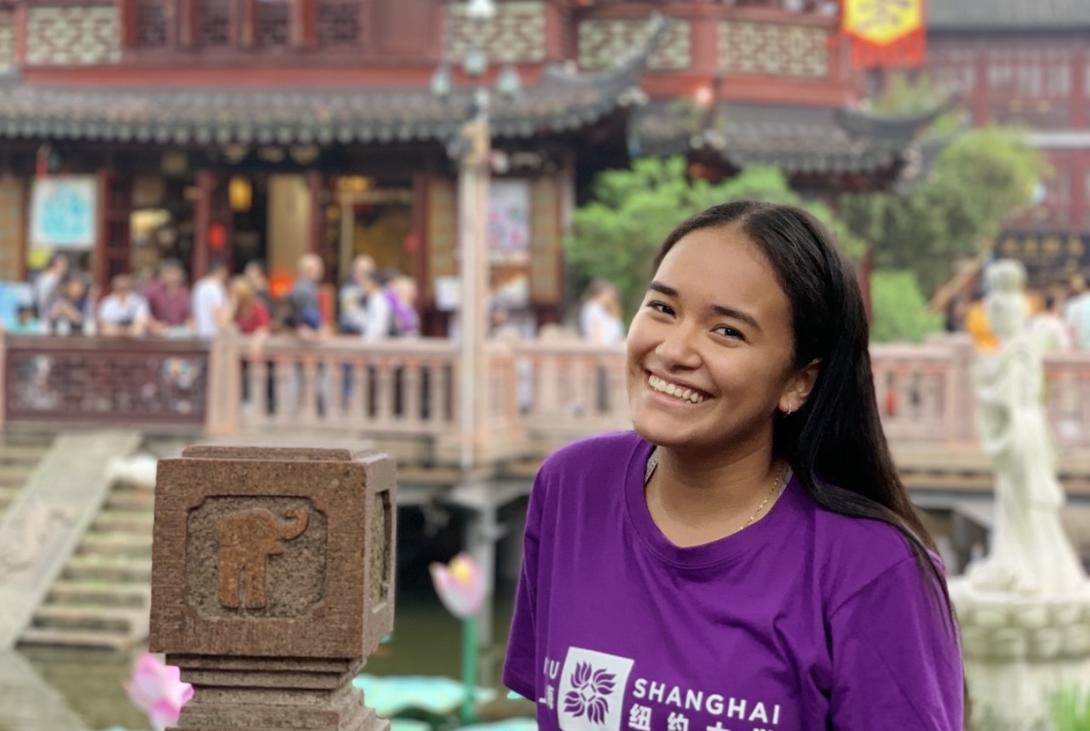 Ariana Wearing NYU Shanghai T-shirt in Yuyuan Gardens