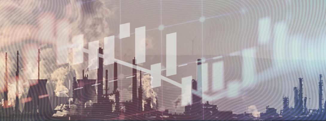 refinery against backdrop of falling chart
